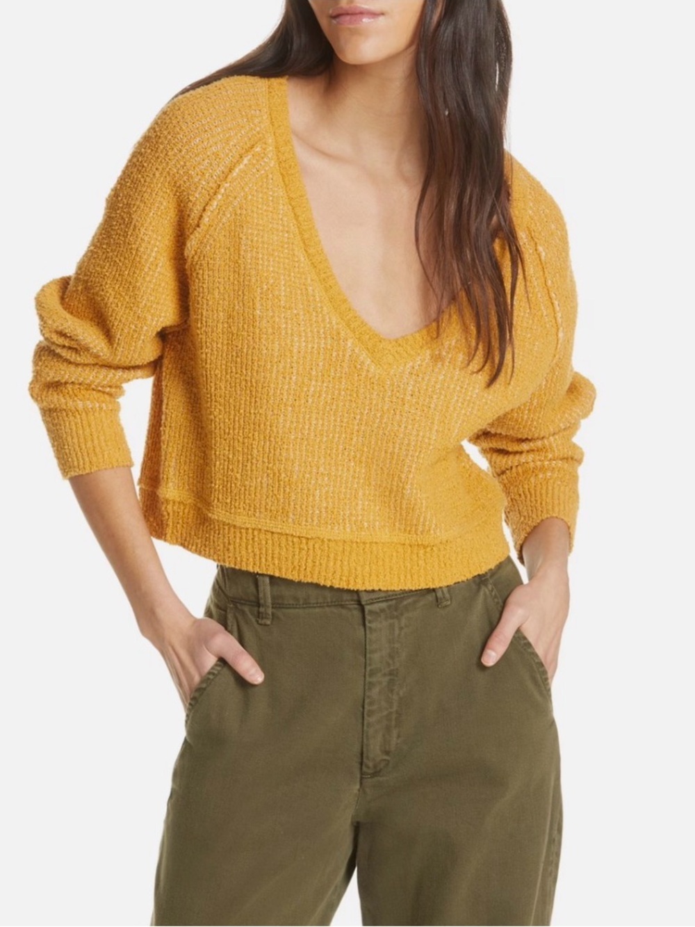 NWT Free People Deep V-Neck Sweater Mustard Yellow Textured Cropped Pullover